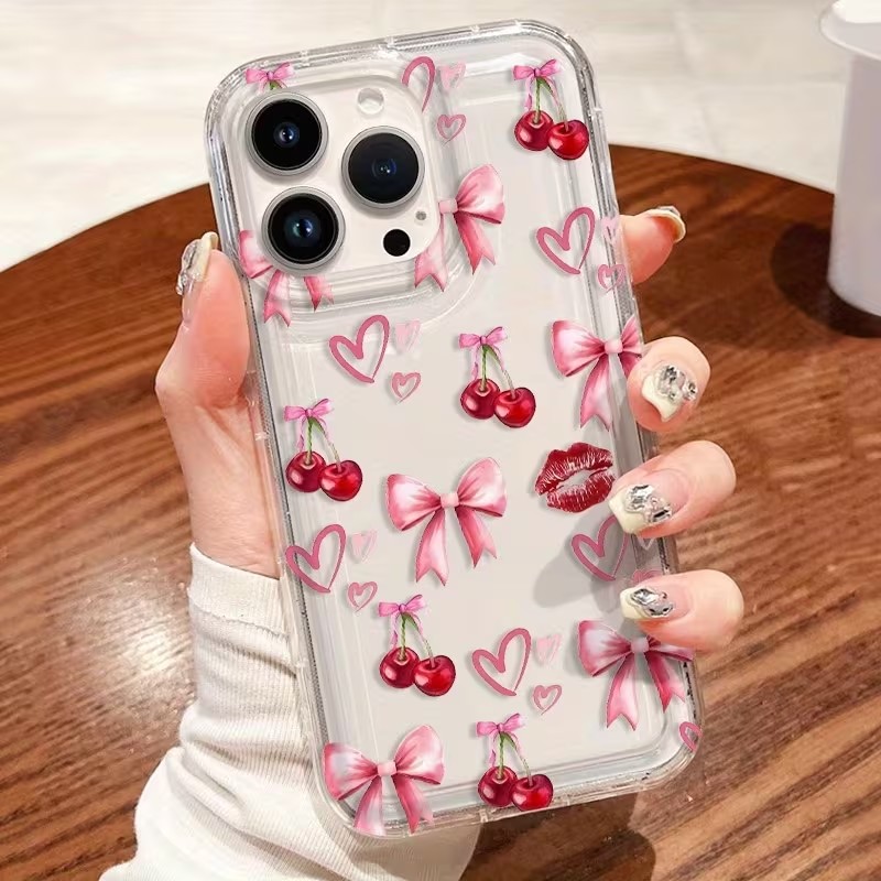Phone Cases For Samsung S21 5G - Red Bow Cherry Silicone Clear Phone