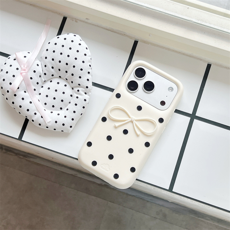Phone Cases Black - Korean 3D White Bowknot Black Polka