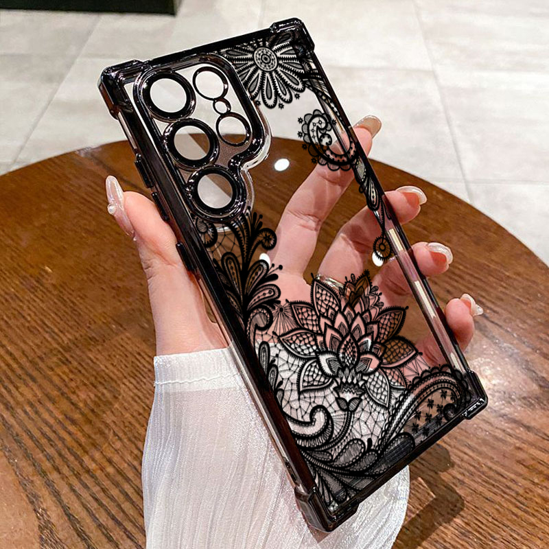 Phone Cases Black - Trendy Black Lace Flower Pattern Phone